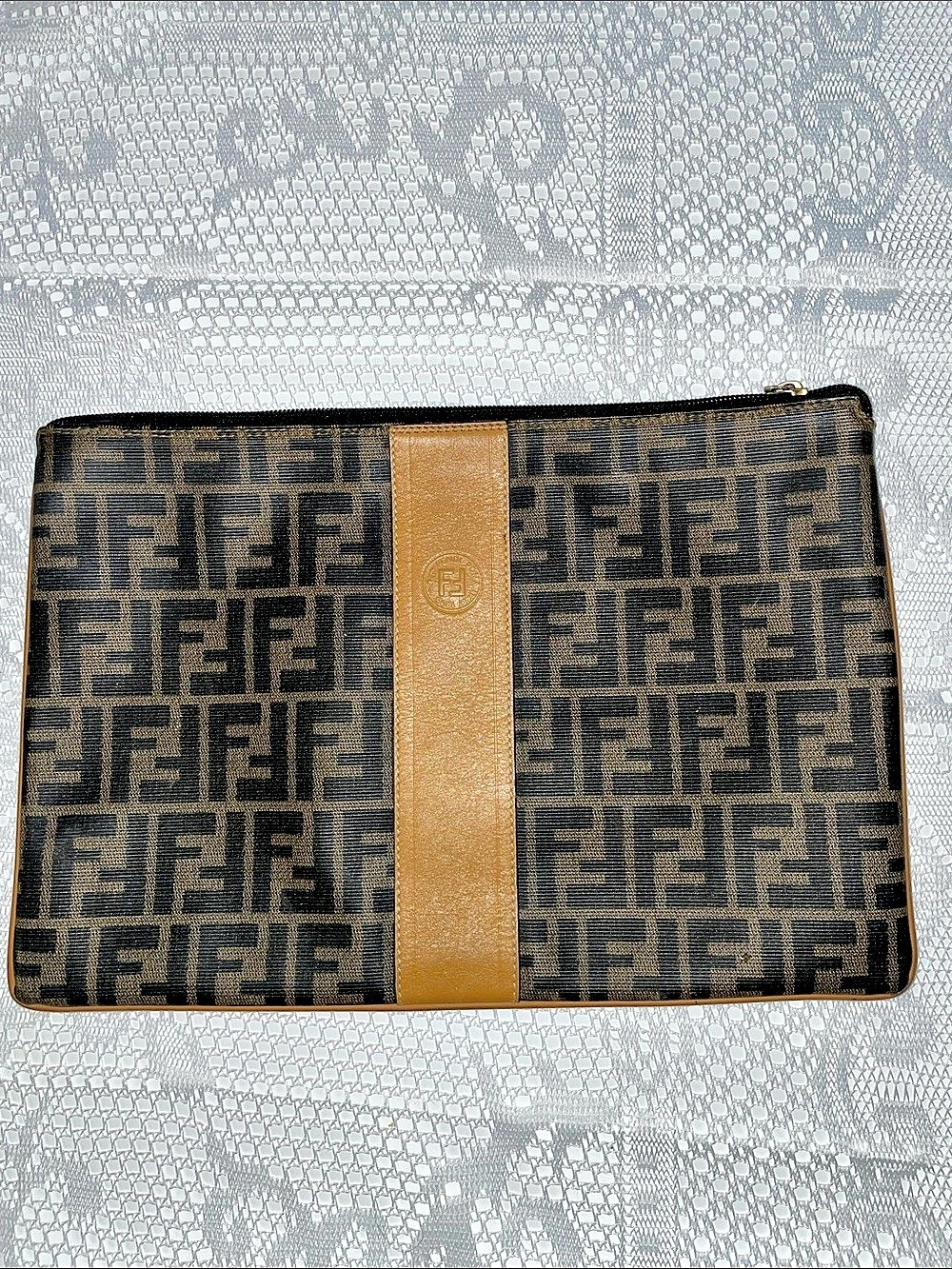 Monogram large Zip Pouch Clutch in Brown & Black carrier